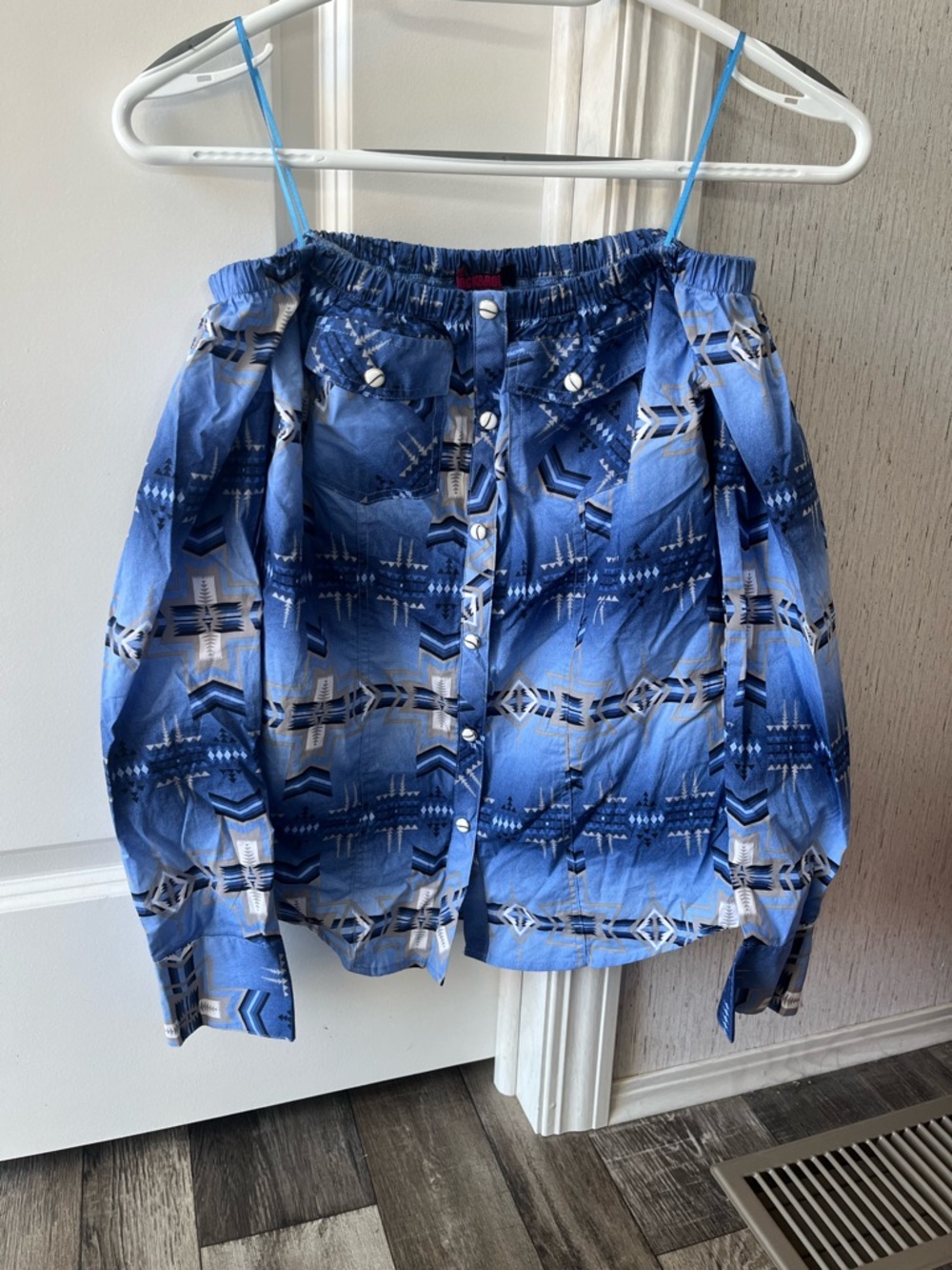 Blue Patterned Off-Shoulder Button-Down Top